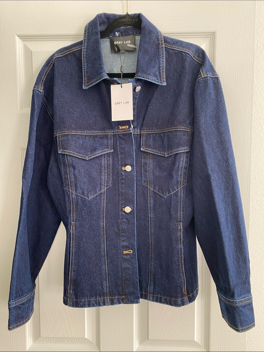 GREY LAB Indigo Blue Denim Fitted Waist Jacket Size Large NWT